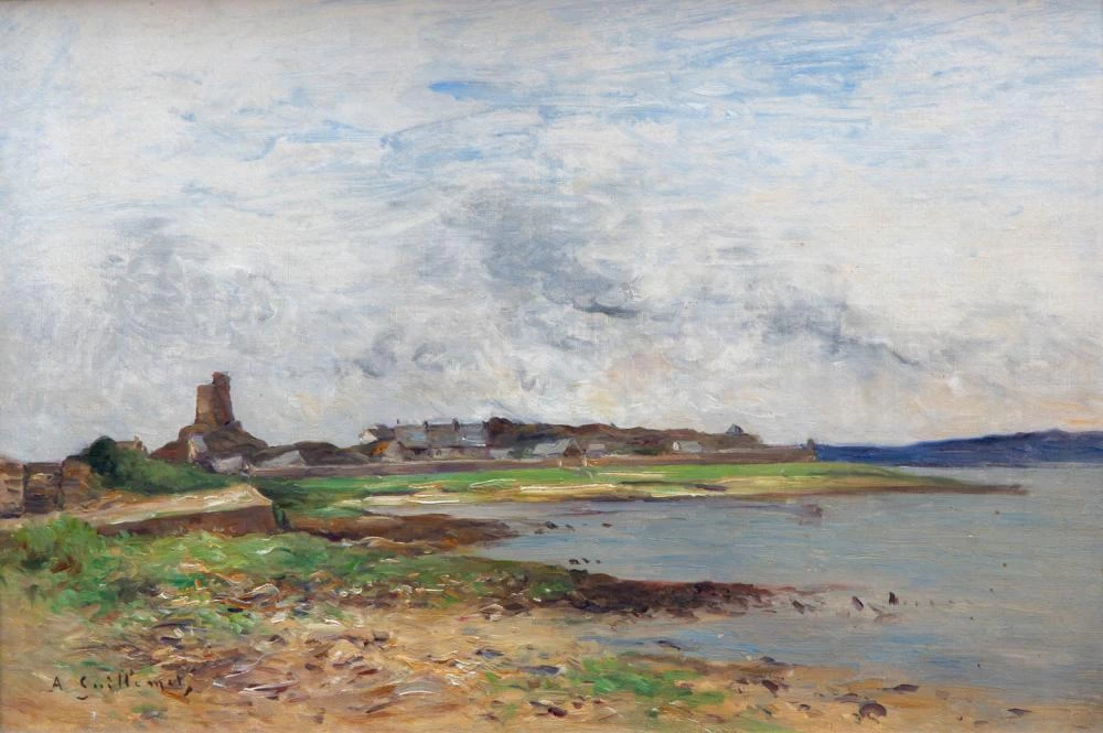 Una vista di Saint - Vaast, la, Hougue in Normandia con la fortezza di Tahitou in lontananza